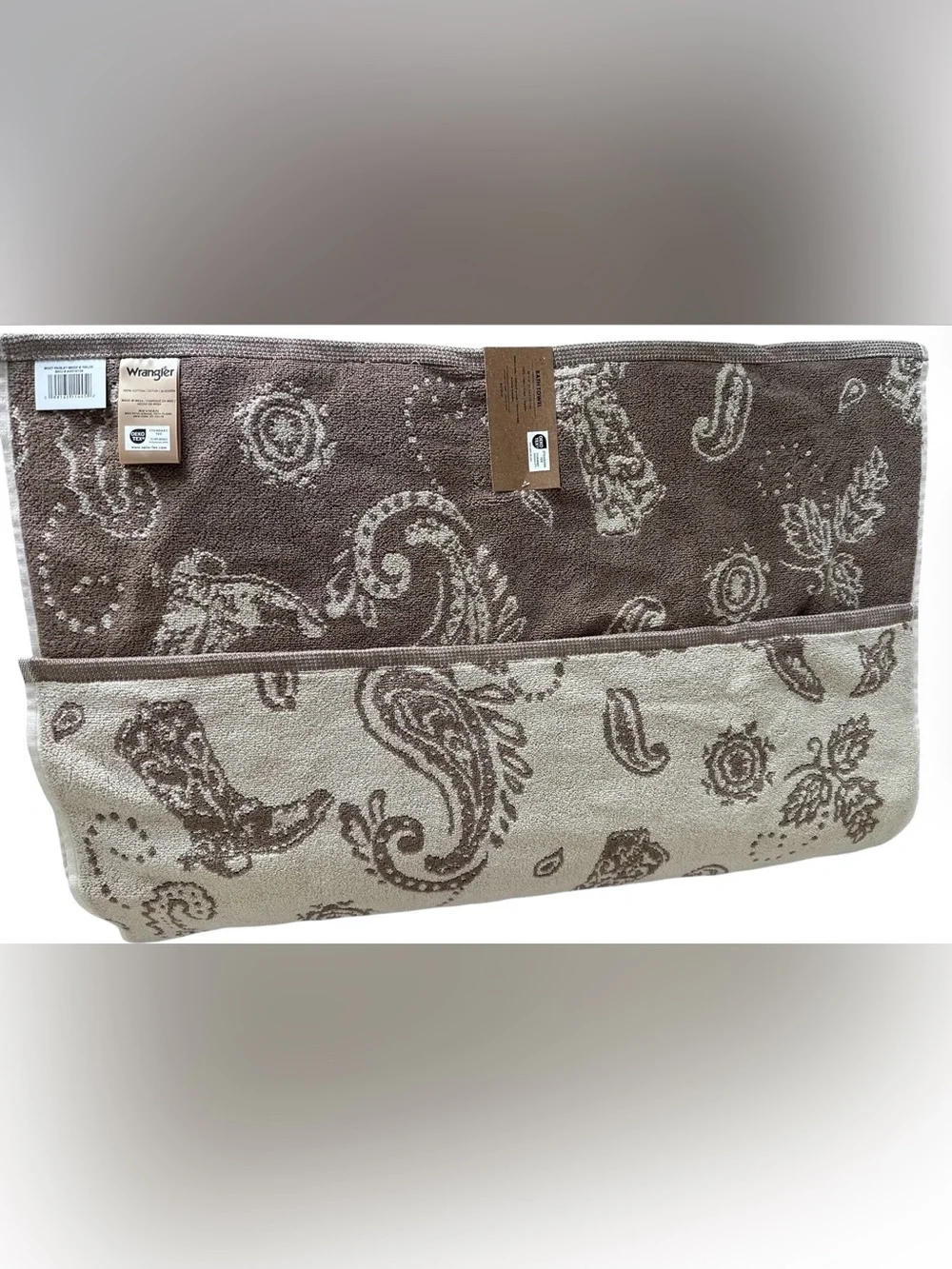 Wrangler 4 Pc Towel Set 🤎 2 Bath & 2 Fingertip Cowboy Boot Paisley Beige NWT